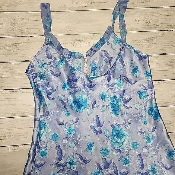 VTG 90sExpressions California Dynasty Blue Satin Floral Strappy Slip Dress Sz M - Picture 13 of 14